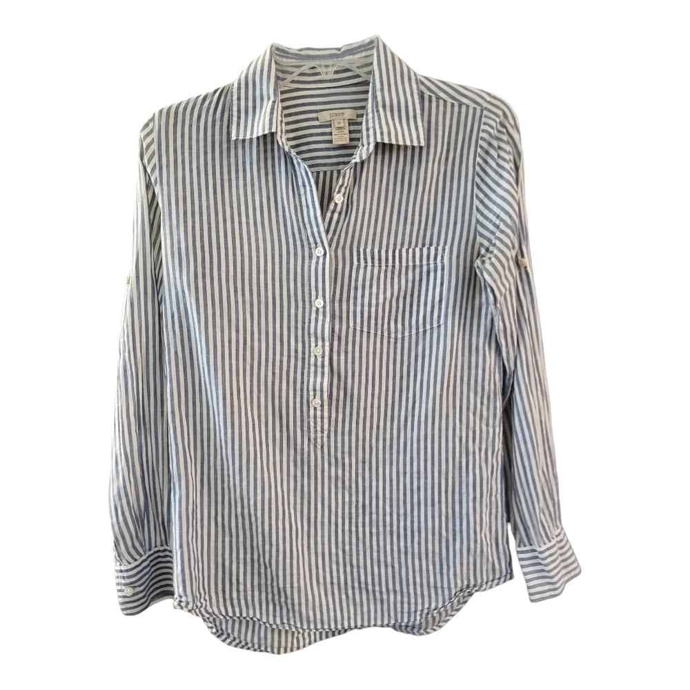 J. Crew Women's Blue White Striped Pocket Popover Tunic Roll Tab Sleeve- Size 00